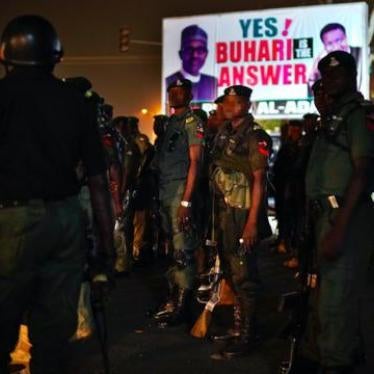 Nigeria’s military guard the campaign headquarters of President Muhammadu Buhari in Abuja, Nigeria,Feb. 25, 2019. © AP Photo/Jerome Delay